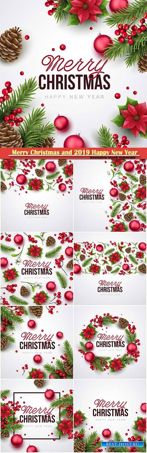 Merry Christmas and 2019 Happy New Year vector greeting card