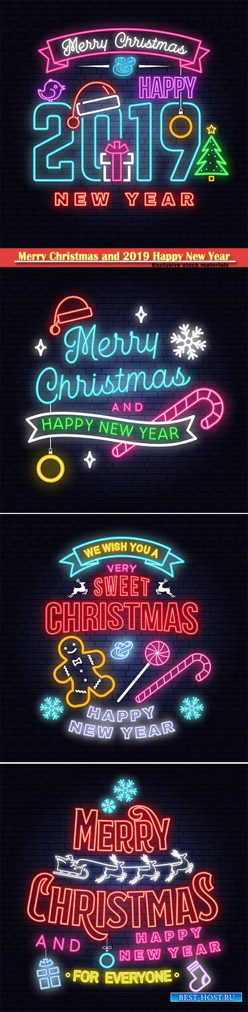 Merry Christmas and 2019 Happy New Year neon sign, emblem, bright signboard ...