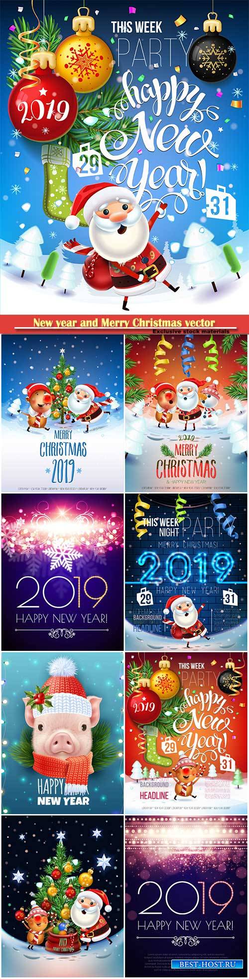 2019 New year and Merry Christmas poster card, Santa Claus, pig decorate th ...