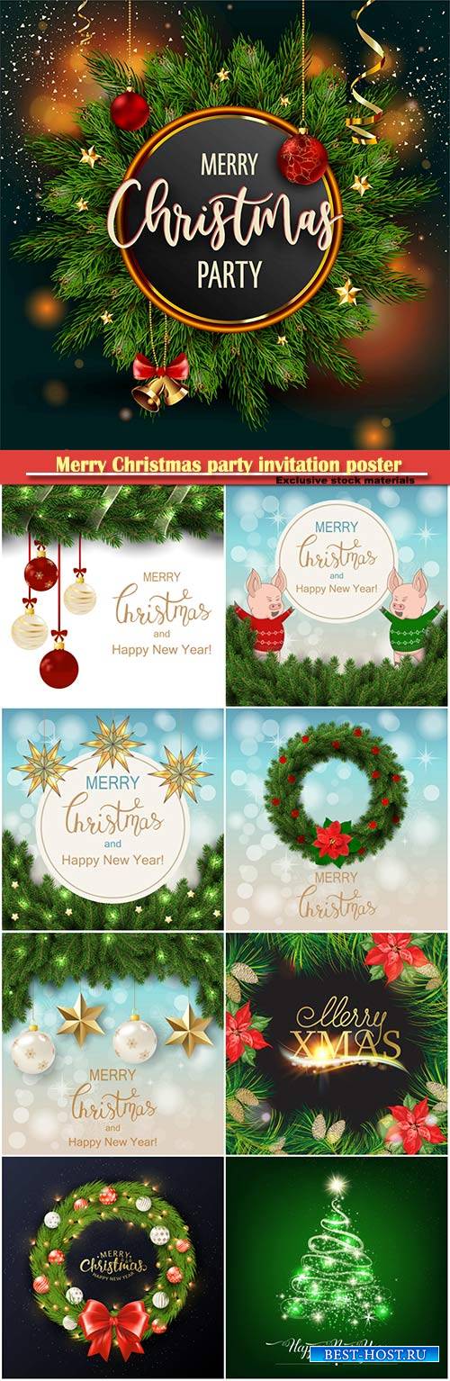 Merry Christmas party invitation poster with fir tree and decorative elements