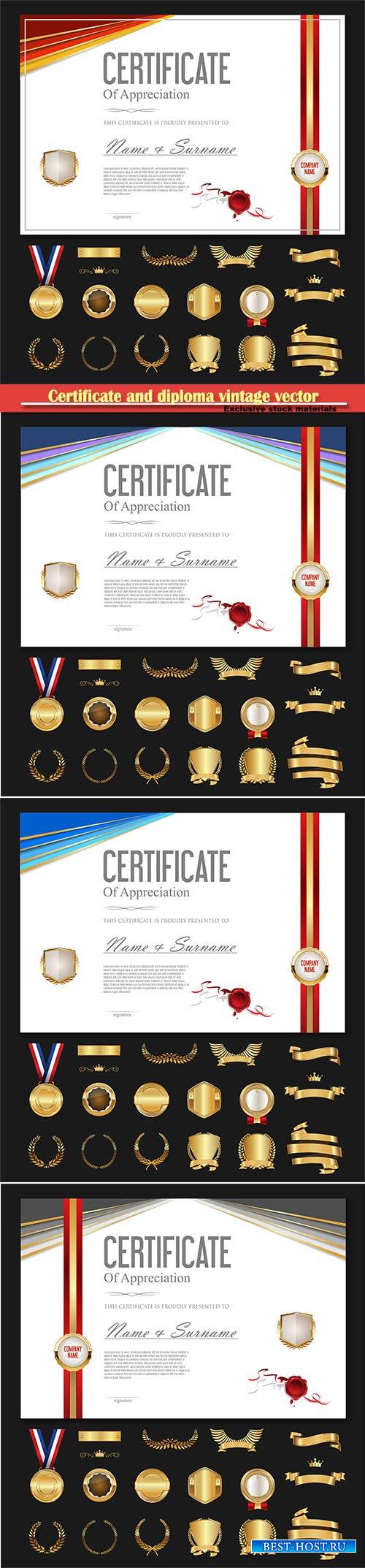 Certificate and diploma vintage vector temlate with luxury labels