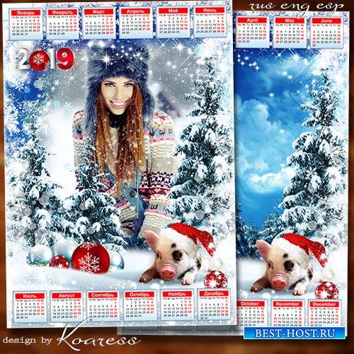 Зимний календарь с рамкой для фото на 2019 год Свиньи - Пусть Хрюшка добрая с собою мешок удачи принесет