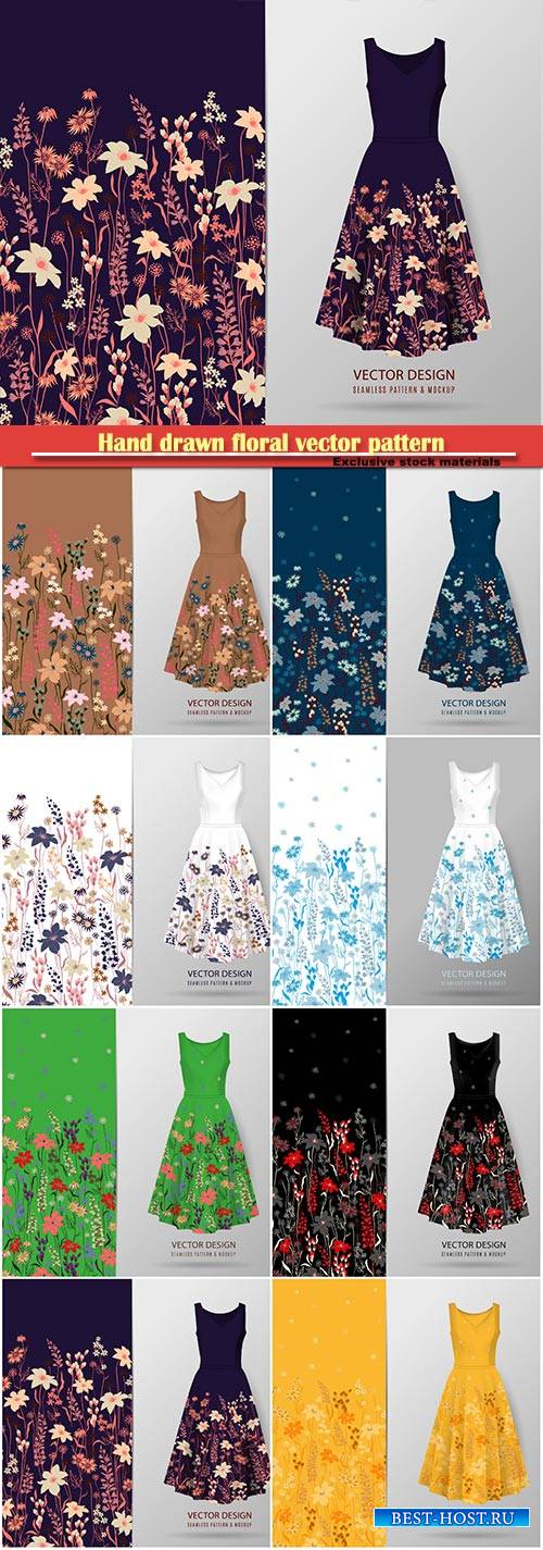 Hand drawn floral vector pattern on dress mockup