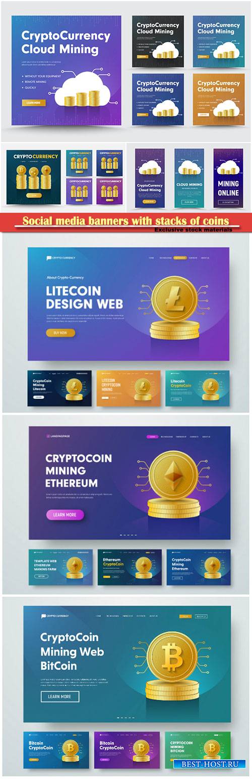 Social media banners with stacks of coins crypto currency Bitcoint, Ripple and Ethereum