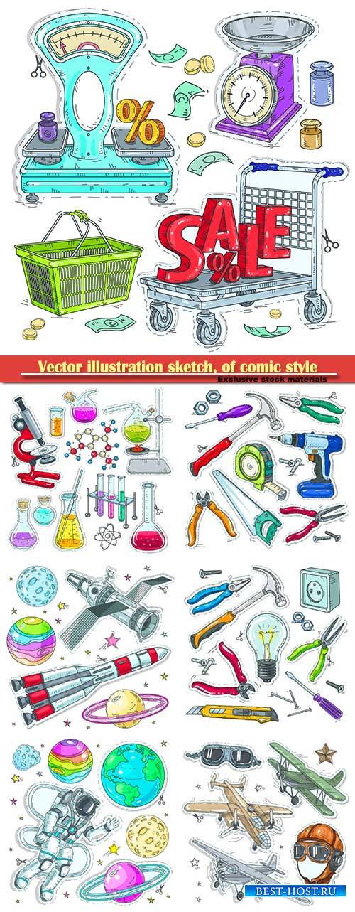 Vector illustration sketch, of comic style colorful icons