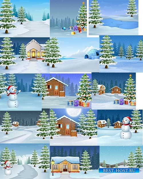 Зимние пейзажи - Векторный клипарт / Winter landscapes - vector clipart