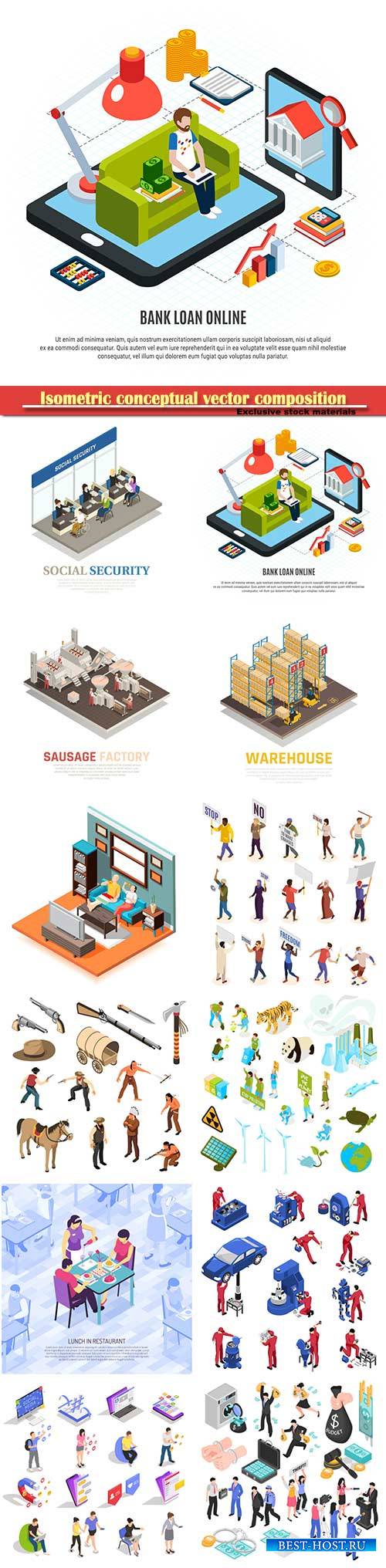 Isometric conceptual vector composition, infographics template # 74