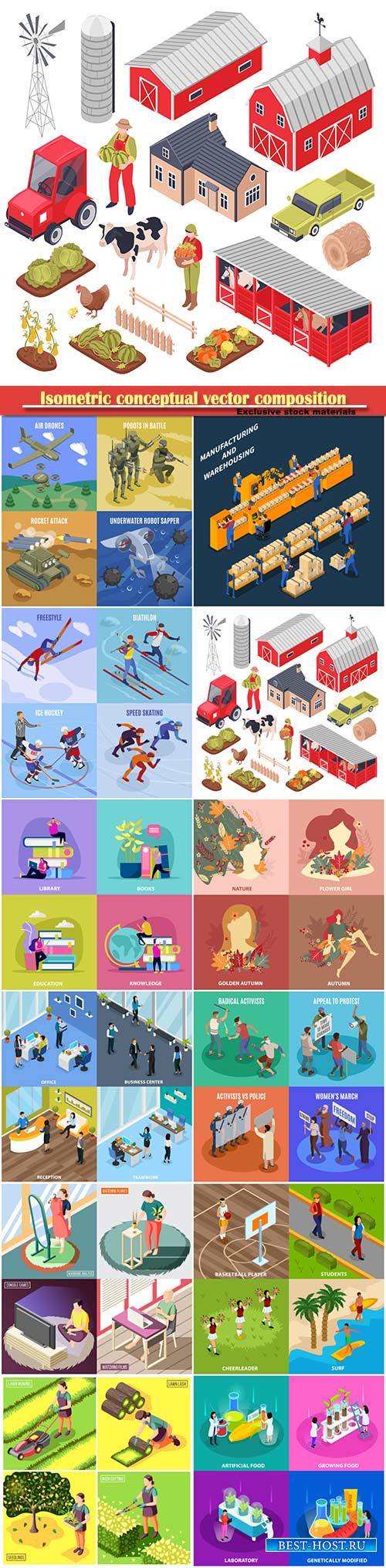 Isometric conceptual vector composition, infographics template # 73