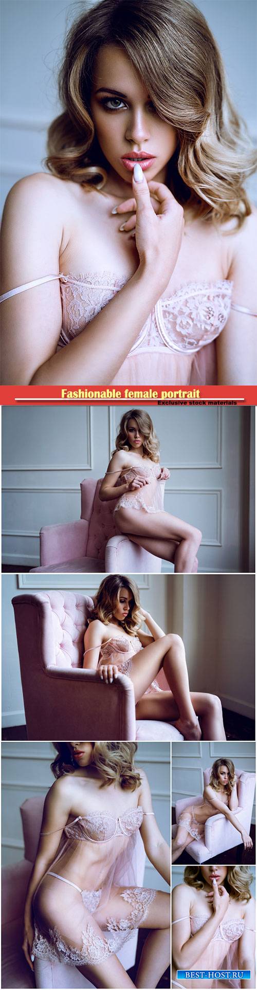 Fashionable female portrait of cute lady in pink robe and panties