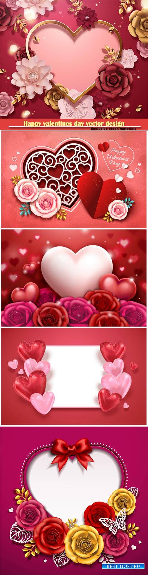 Happy valentines day vector design with heart, balloons, roses in 3d illust ...