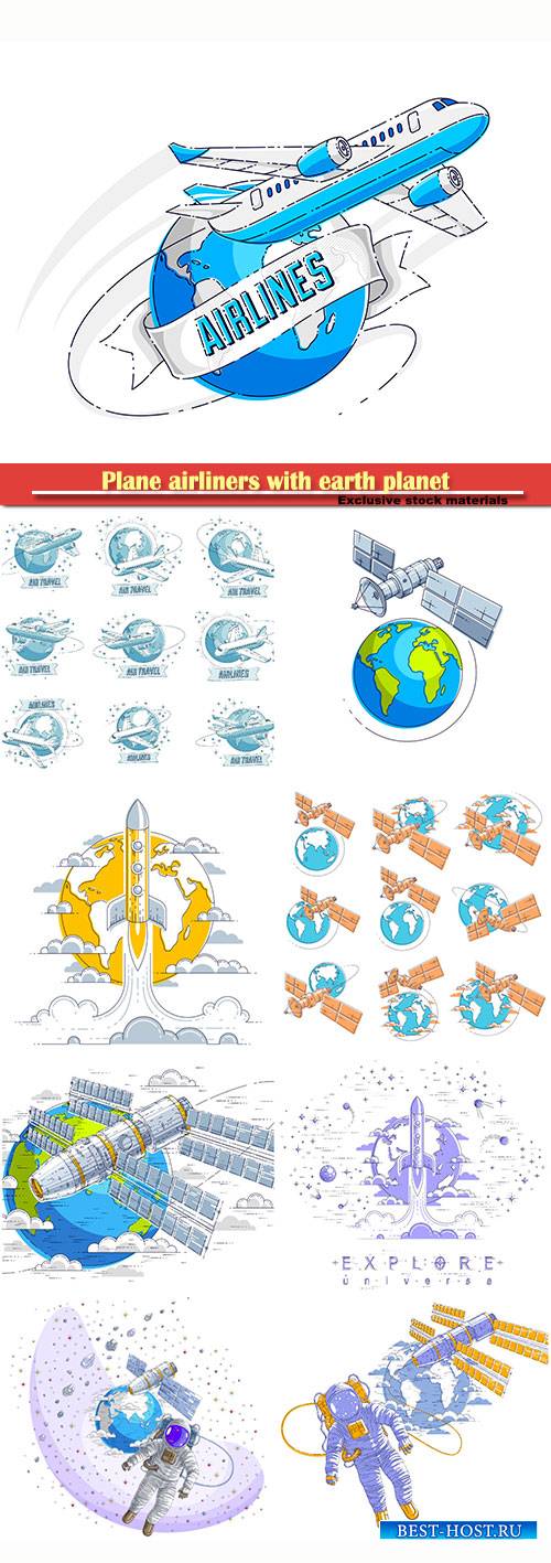 Plane airliners with earth planet and ribbon with typing, airlines air trav ...