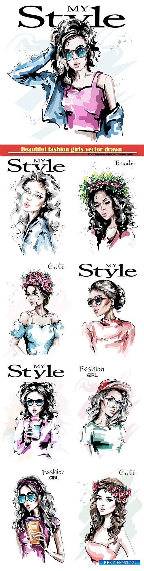 Beautiful fashion girls vector drawn illustrations