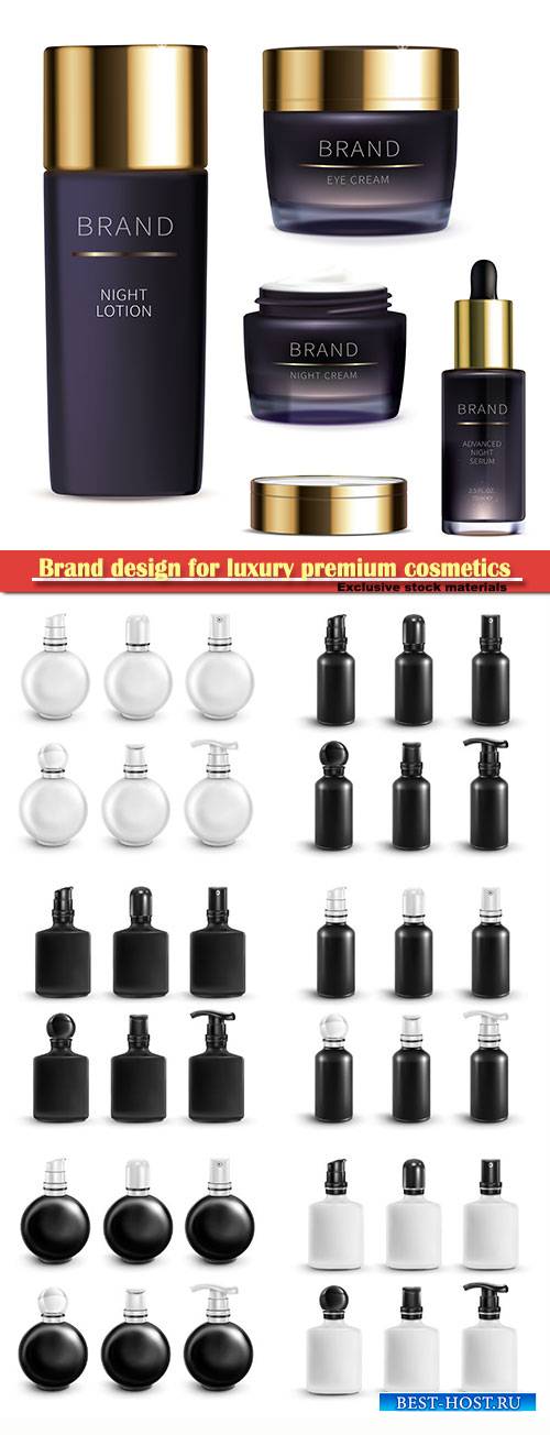 Brand design for luxury premium cosmetics, vector mock up set with black and white vial