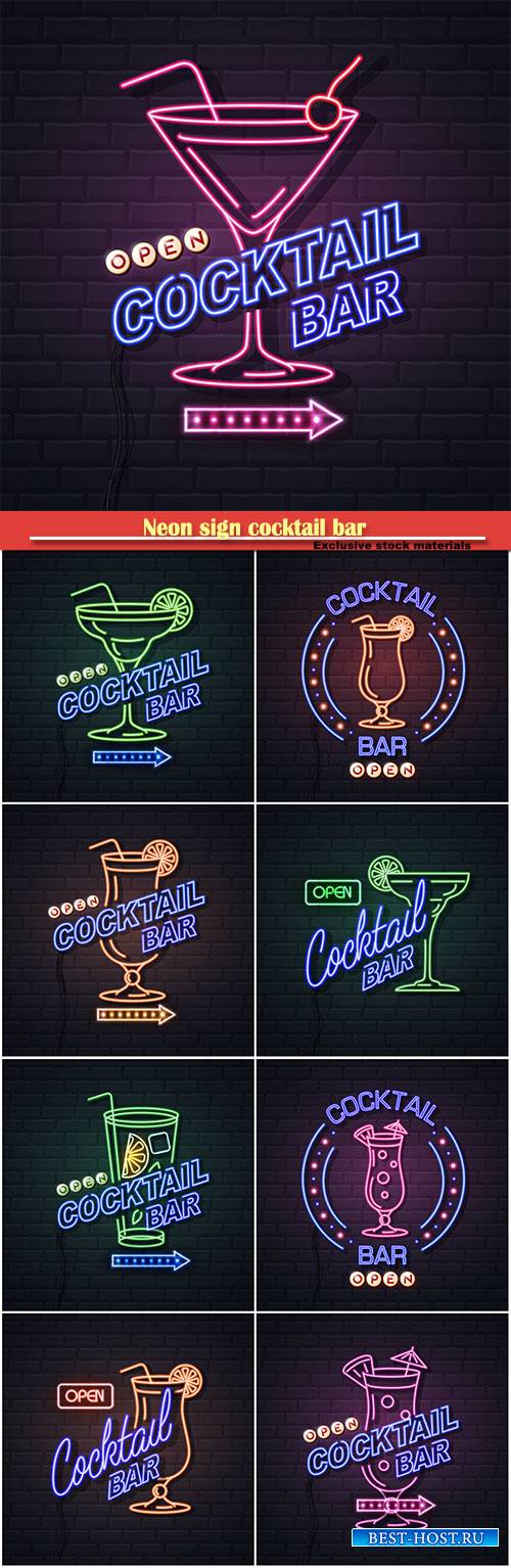 Neon sign cocktail bar on brick wall background