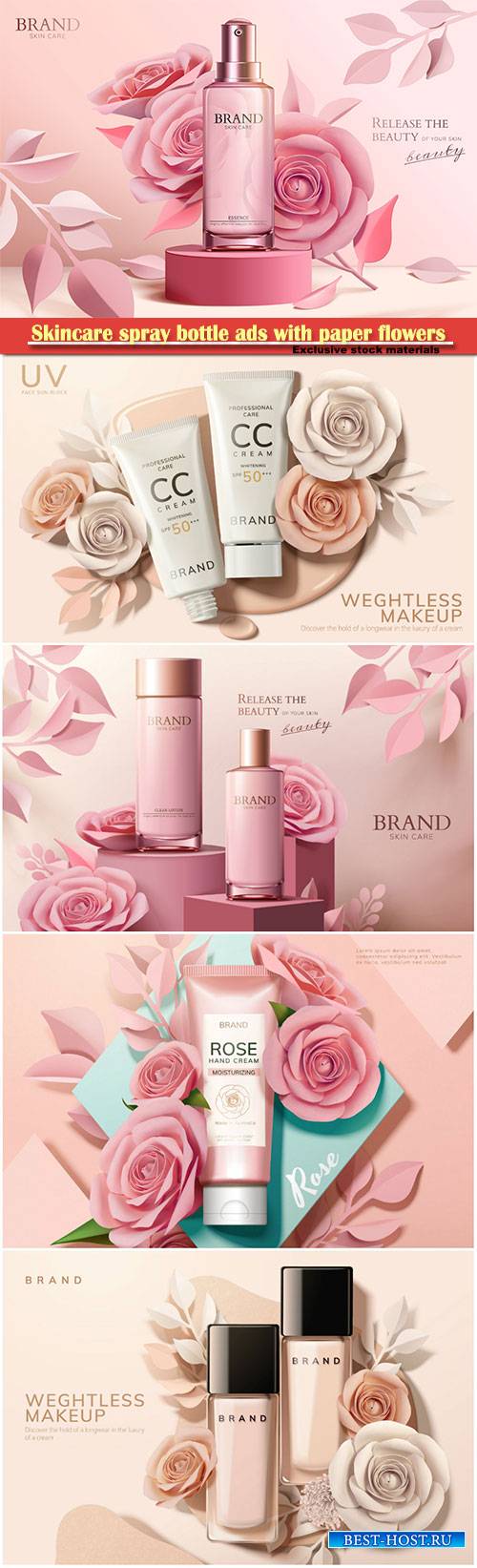 Skincare spray bottle ads with paper flowers, 3d illustration