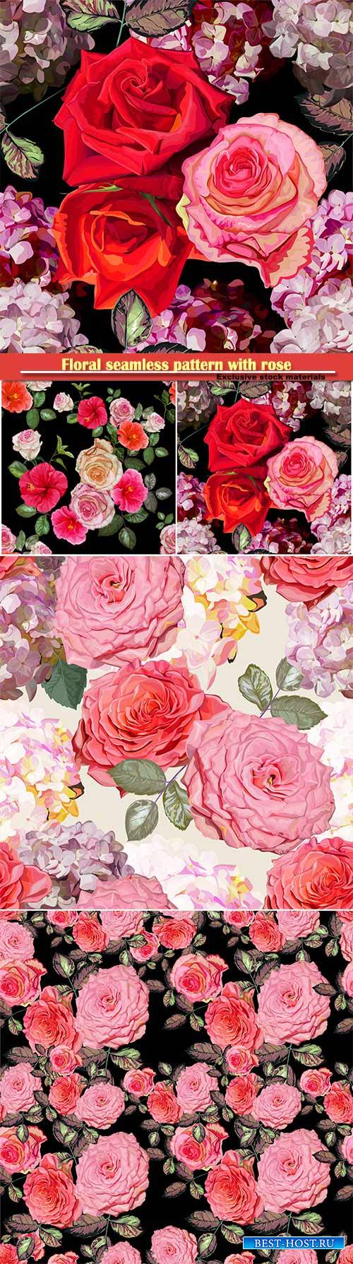 Floral seamless pattern with rose and hydrangea vector illustration