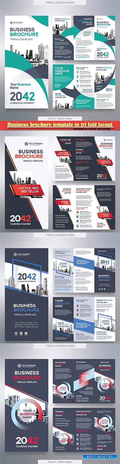 Business brochure template in tri fold layout, corporate design vector illustration