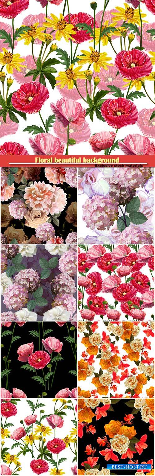 Floral beautiful background with rose, hydrangea, poppy and lilly vector il ...