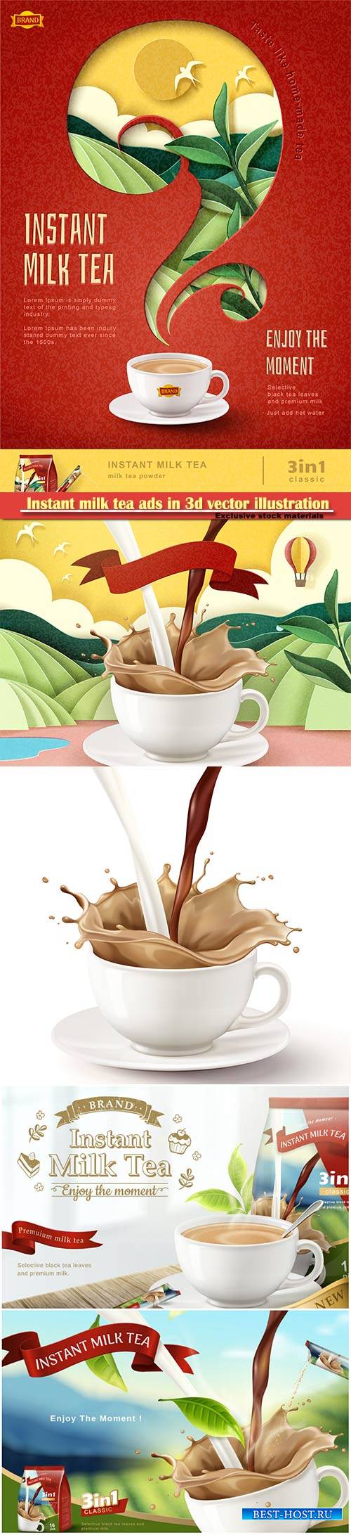 Instant milk tea ads in 3d vector illustration