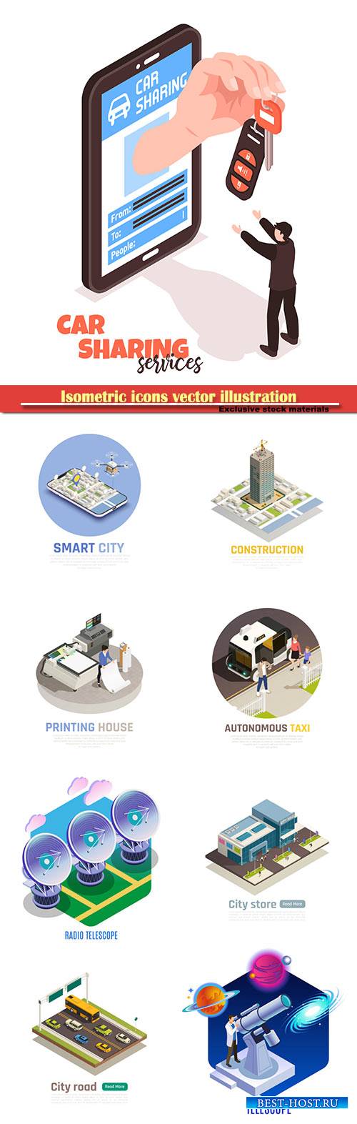 Isometric icons vector illustration, banner design template # 34