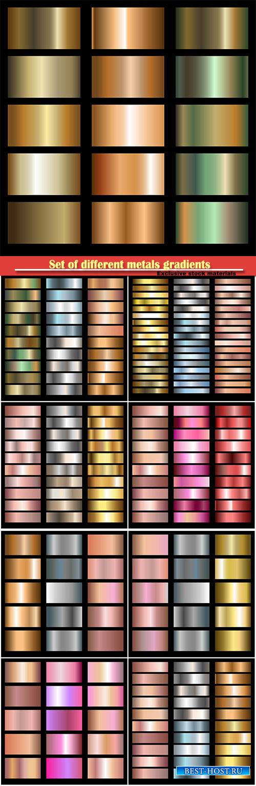 Set of different metals gradients, gold, bronze, silver and copper vector b ...