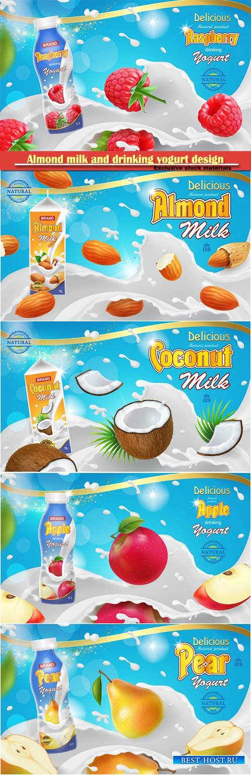 Almond milk and drinking yogurt design ads template realistic 3d illustrati ...