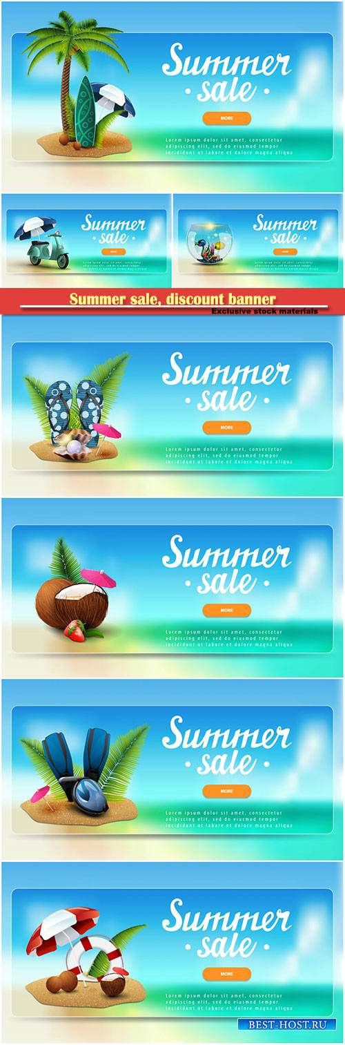 Summer sale, discount banner with lettering, sea landscape