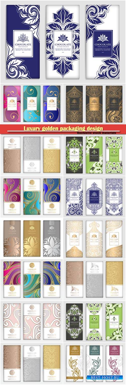 Luxury golden packaging design of chocolate bars, vector illustration