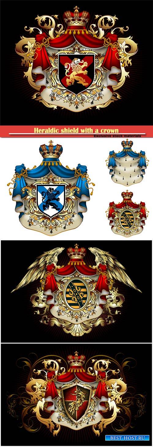 Heraldic shield with a crown and royal mantle, richly ornamented