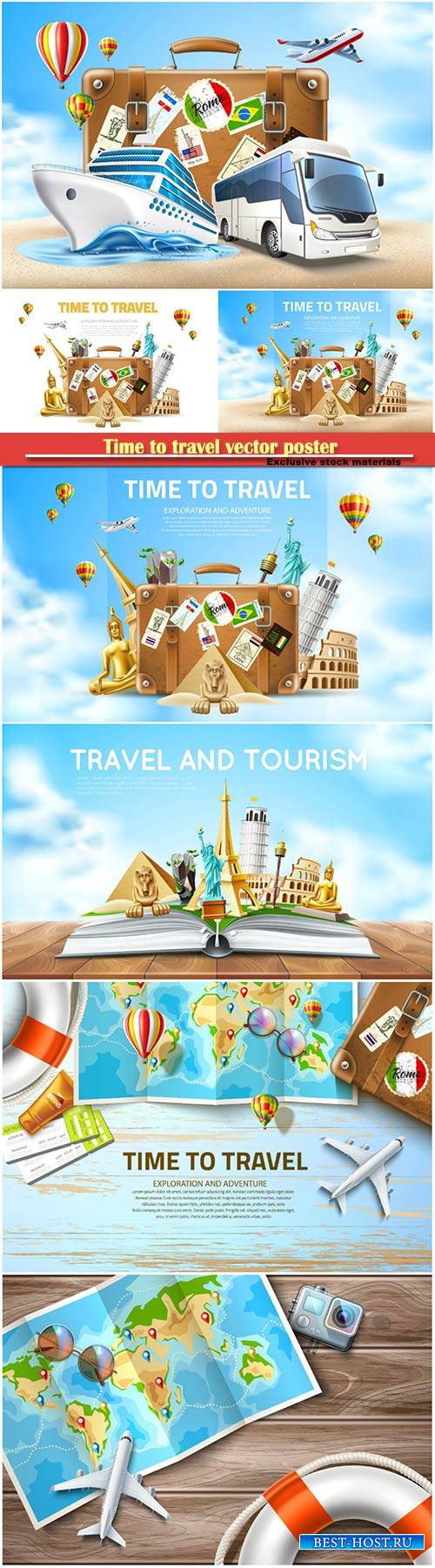 Time to travel vector poster, travelling and tourism banner