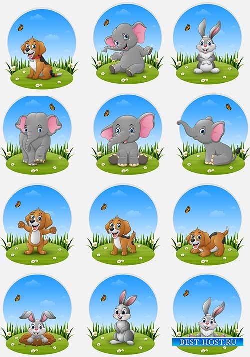 Животные на лужайке - Векторный клипарт / Animals on the lawn - Vector Graphics