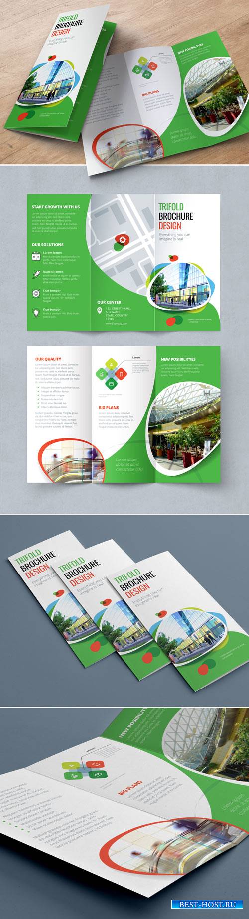 Green Trifold Brochure Layout with Abstract Spots