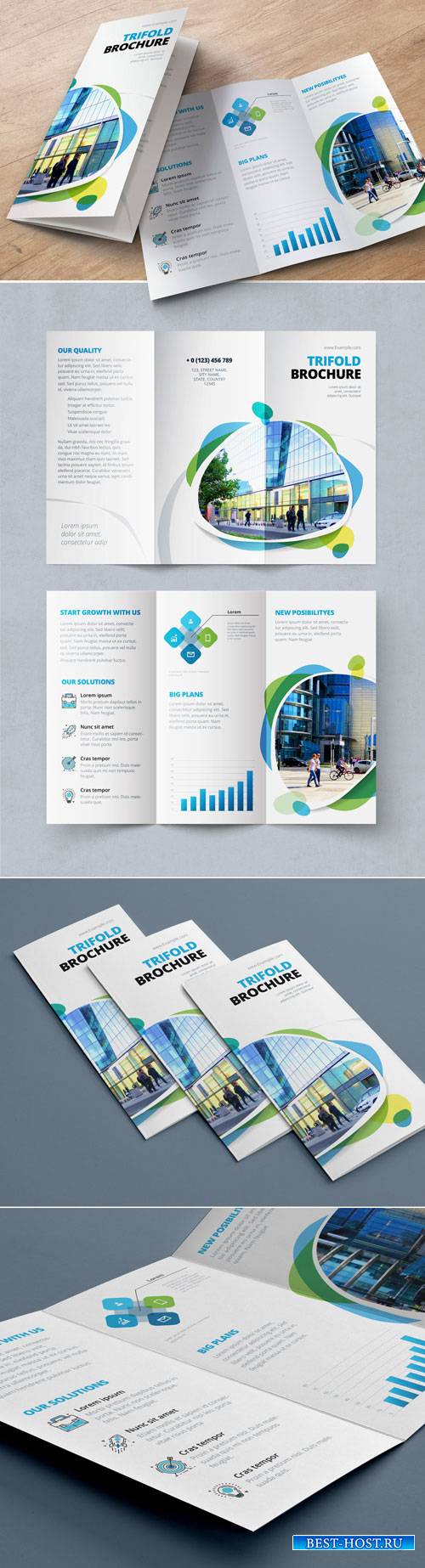 Blue and Green Trifold Brochure Layout with Abstract Spots 212820467
