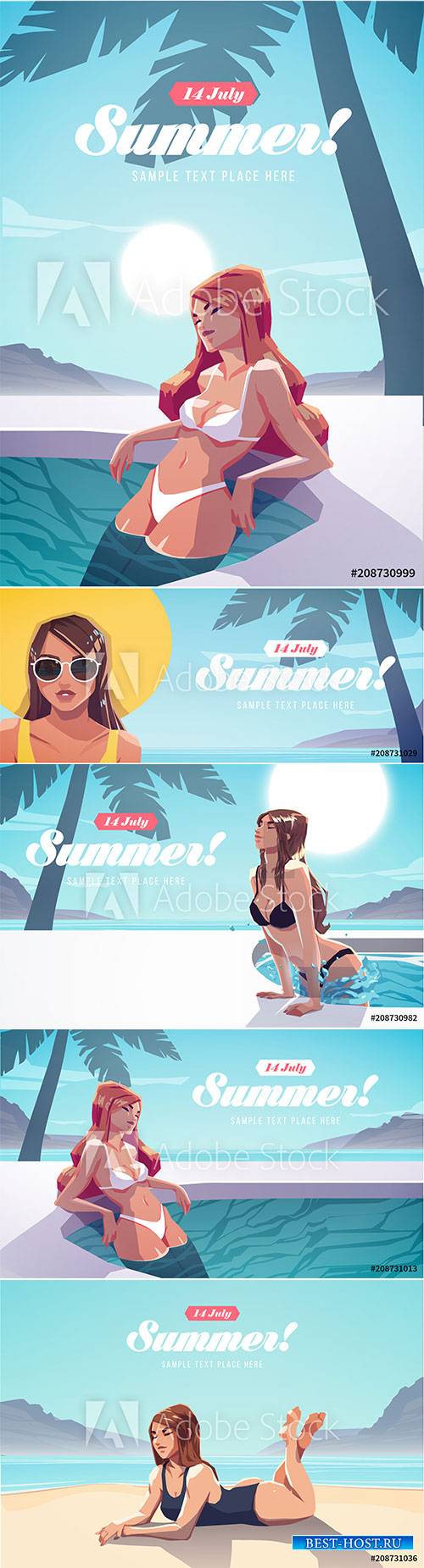 Summer vacation poster or flyer, girl relaxing in the swimming pool