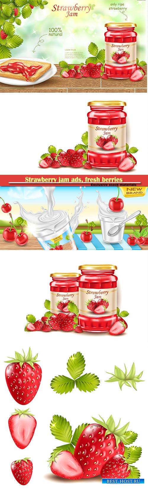 Strawberry jam ads, fresh berries realistic 3d illustration