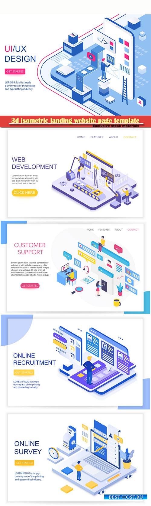 3d isometric landing website page template vector illustration