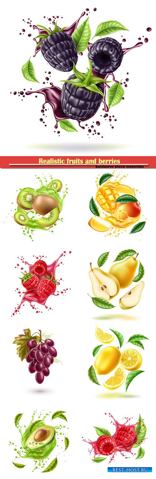 Realistic fruits and berries, fresh juice splash