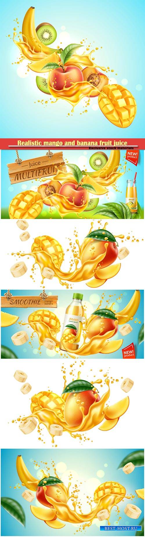 Realistic mango and banana fruit juice advertising , vector product package ...