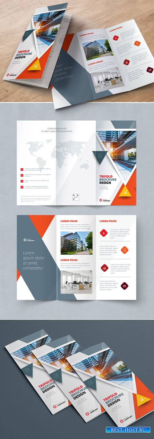 Orange Trifold Brochure Layout with Triangles_267840452