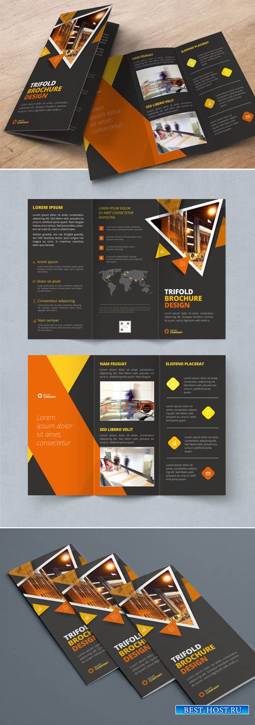 Dark Orange Trifold Brochure Layout with Triangles_267840446