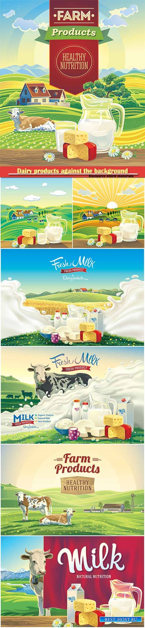 Dairy products against the background rural landscape with cow