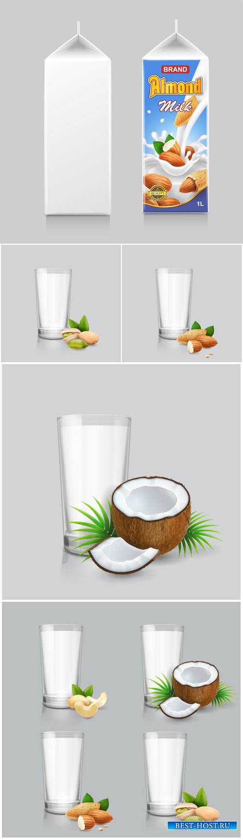 Dairy milk set, vegan nut milk in drinking glass