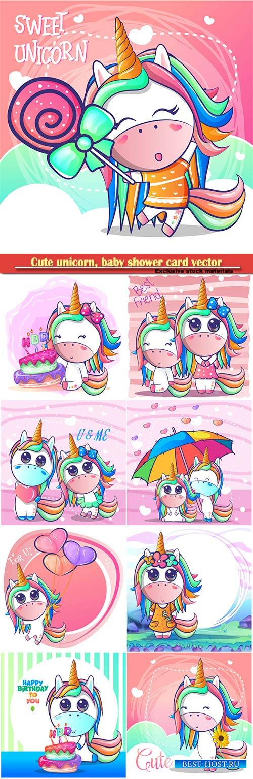 Cute unicorn, baby shower card vector illustration
