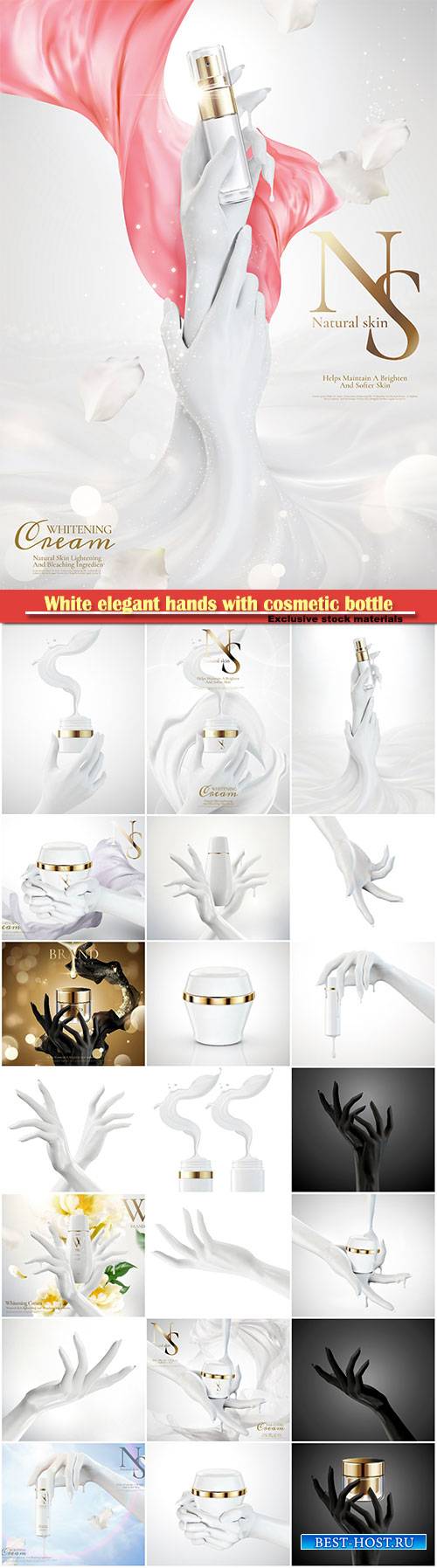White elegant hands with cosmetic bottle in 3d illustration