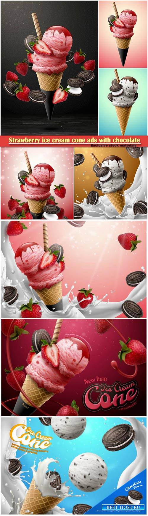 Strawberry ice cream cone ads with chocolate cookie and fresh fruit on glittering pink background, 3d illustration