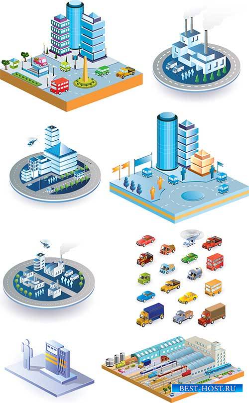 3D station with buildings and transport - Vector clipart