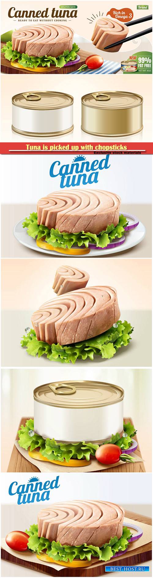 Tuna is picked up with chopsticks in 3d illustration, canned food ads