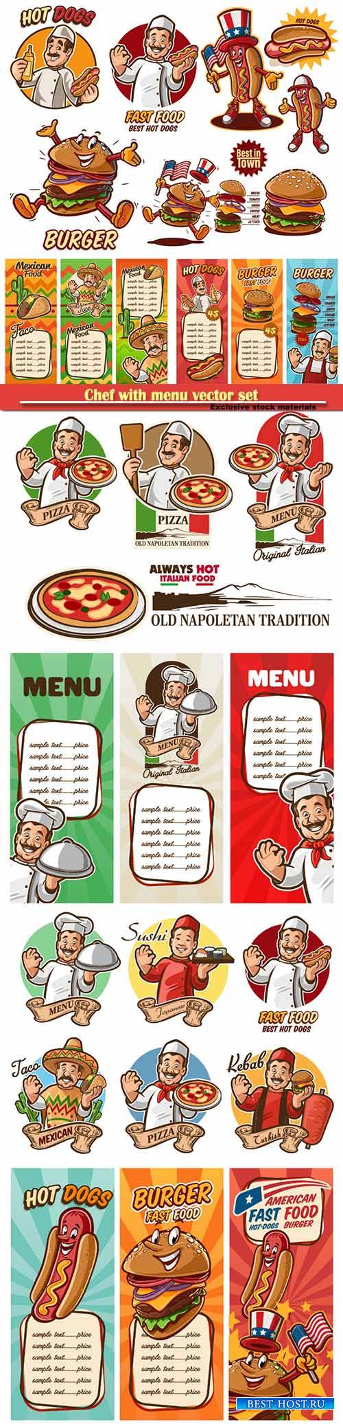 Chef with menu vector set, chef italian, mexican, arab, american, japanese, ...