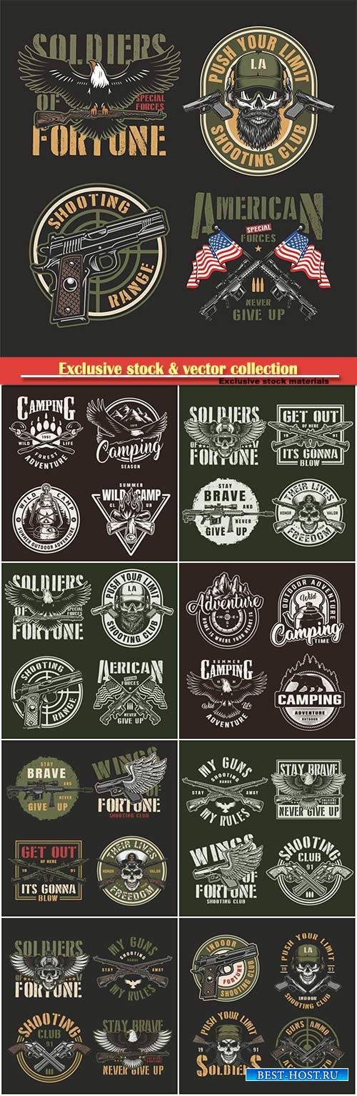 Vintage military emblems set with eagle holding carbine bearded