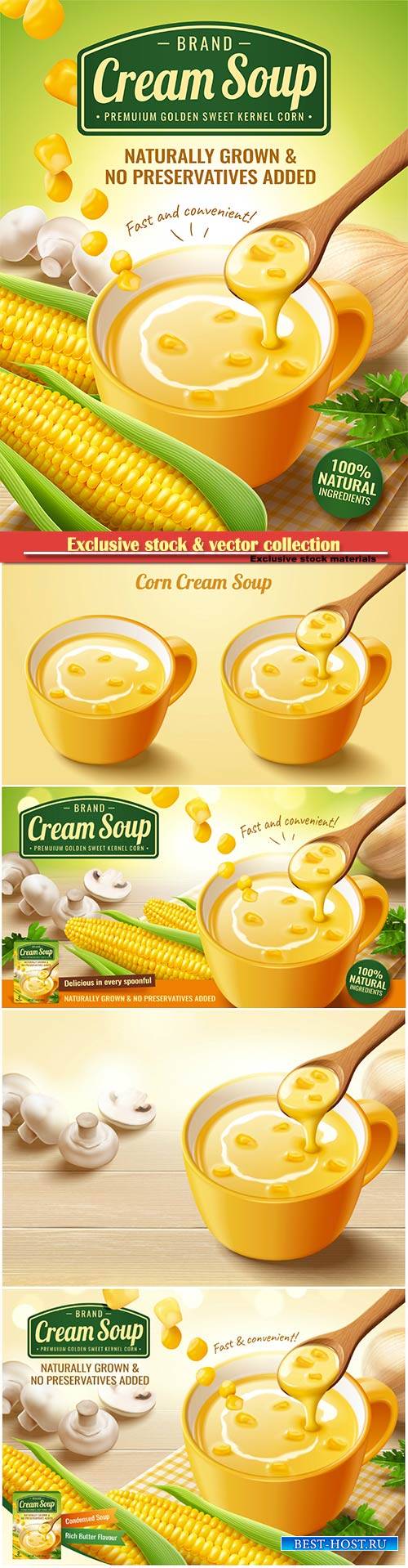 Instant corn cream soup ads with fresh corncob and mushroom in 3d illustrat ...